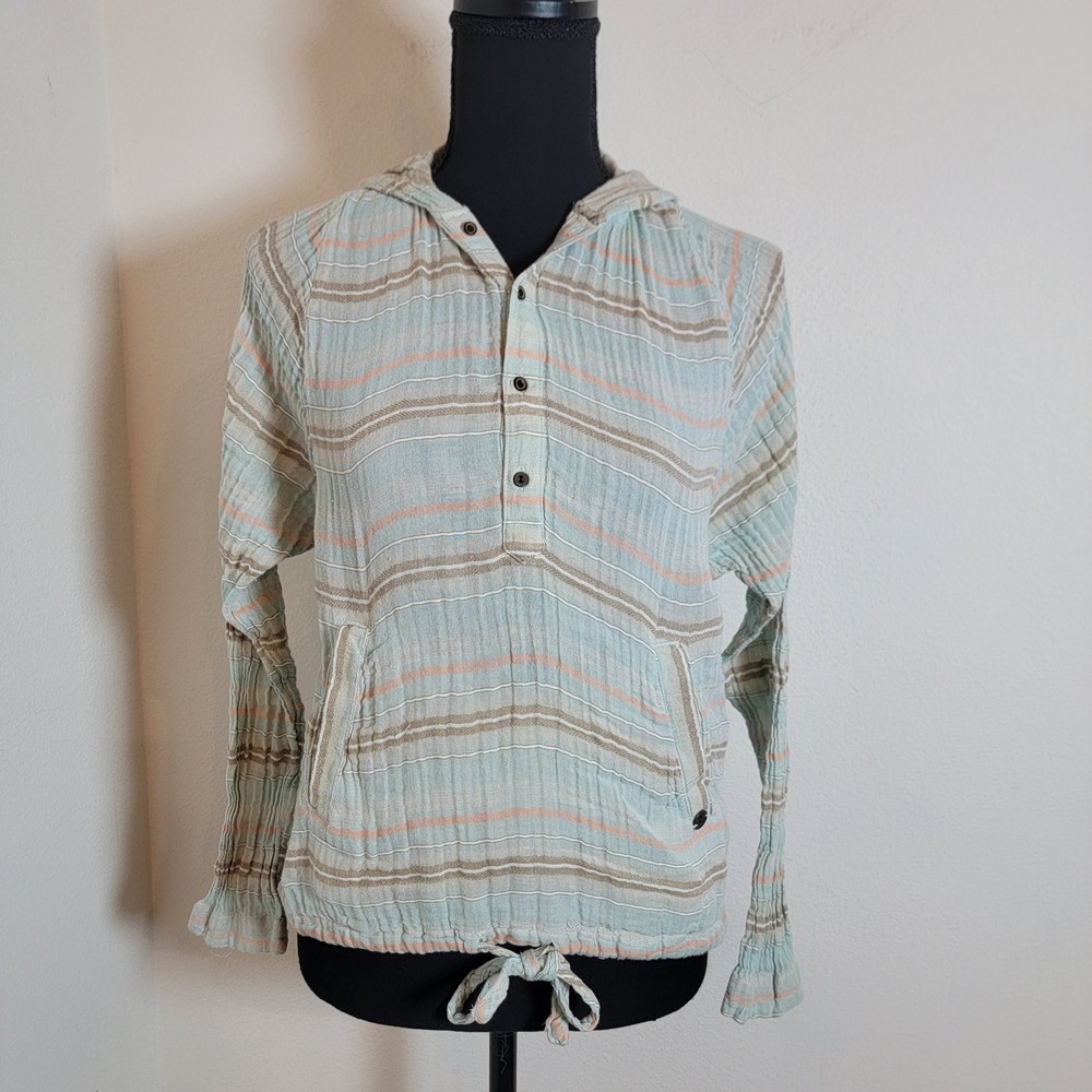prAna Womens XS Striped Gauze Henley Hoodie Light Blue Boho Coastal Beachy